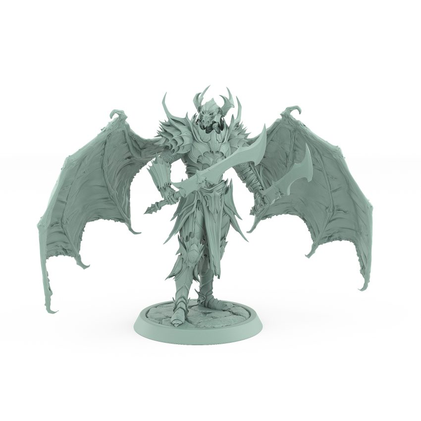 helmeted vampire miniature with large bat wings and curved sword in spiked gothic armor standing on stone base