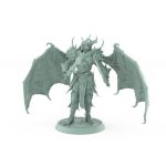 helmeted vampire miniature with large bat wings and curved sword in spiked gothic armor standing on stone base