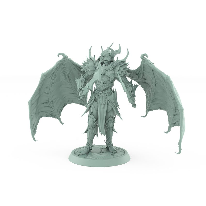 helmeted vampire miniature with large bat wings and curved sword in spiked gothic armor standing on stone base
