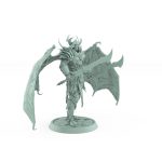 helmeted vampire miniature with large bat wings and curved sword in spiked gothic armor standing on stone base
