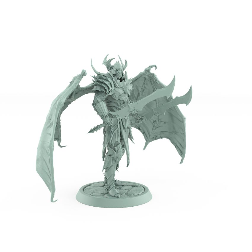 helmeted vampire miniature with large bat wings and curved sword in spiked gothic armor standing on stone base