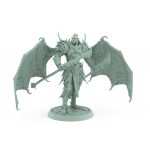 unhelmeted vampire miniature with bat wings and spear in gothic spiked armor standing on stone base