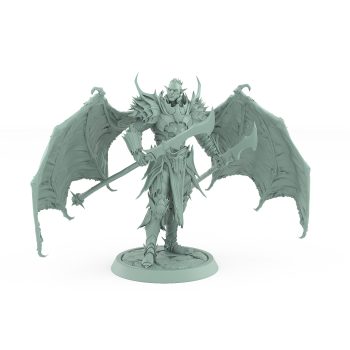 unhelmeted vampire miniature with bat wings and spear in gothic spiked armor standing on stone base