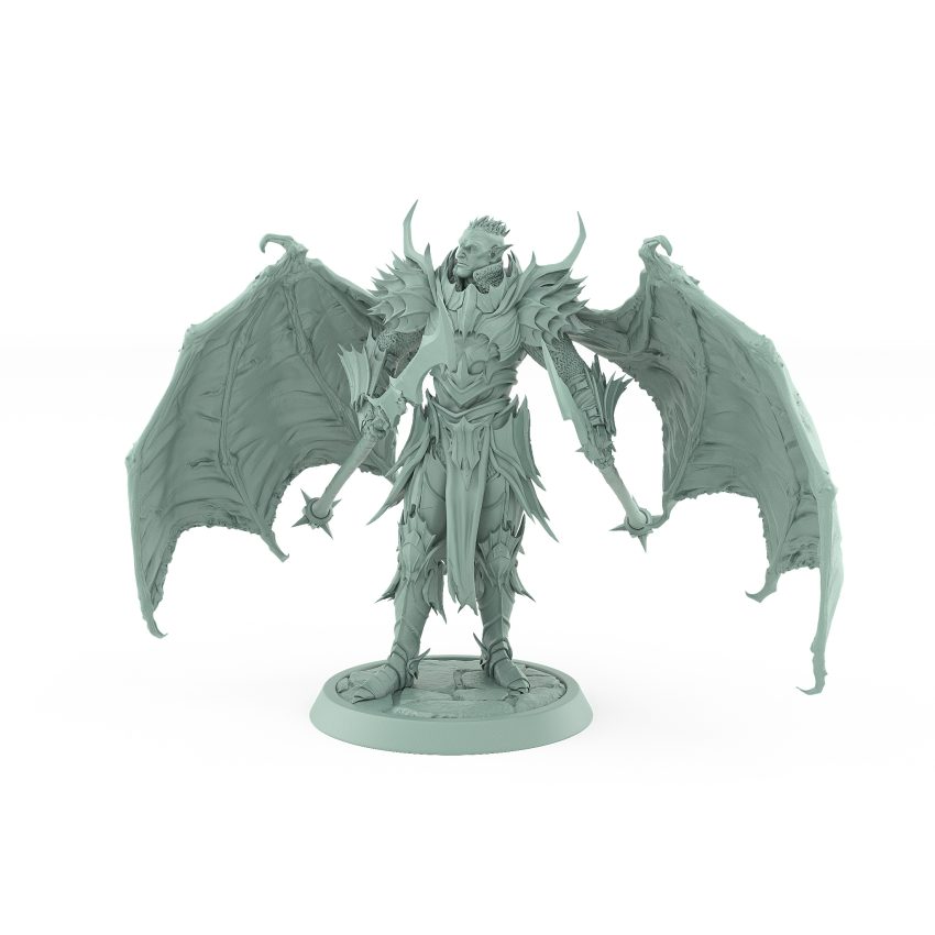 unhelmeted vampire miniature with bat wings and spear in gothic spiked armor standing on stone base
