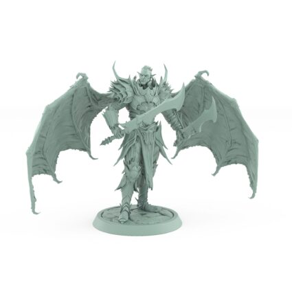 unhelmeted vampire miniature with bat wings and sword in gothic armor standing on stone base
