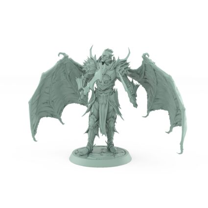 unhelmeted vampire miniature with bat wings and sword in gothic armor standing on stone base
