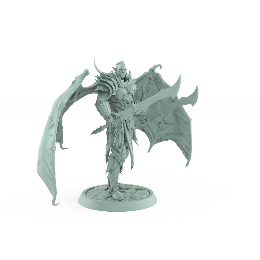 unhelmeted vampire miniature with bat wings and sword in gothic armor standing on stone base
