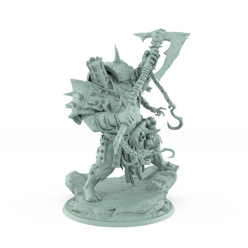 grotesque vampire brute miniature wielding glaive and hook standing on broken rocky base covered in chains bones and spikes