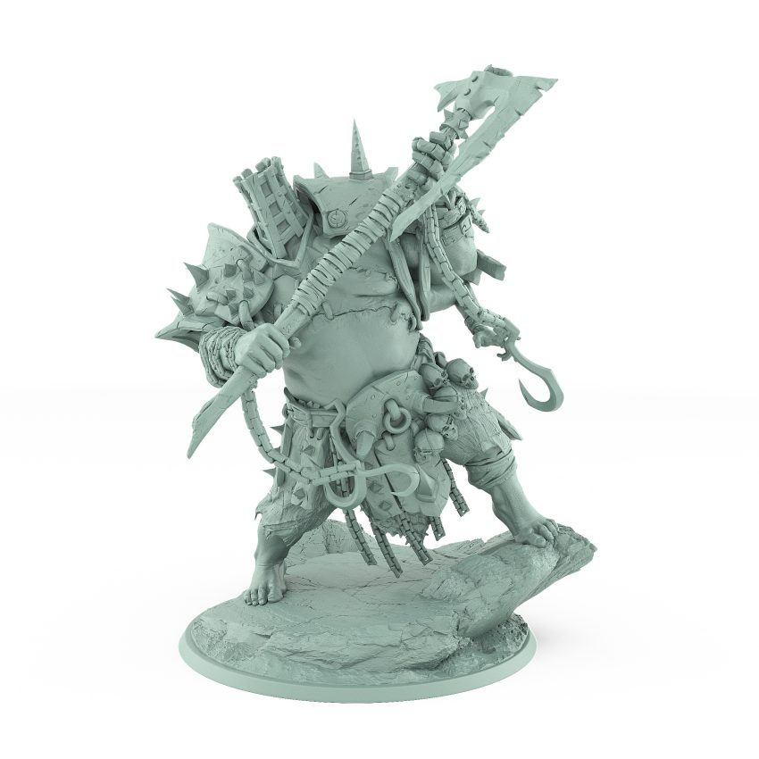 grotesque vampire brute miniature wielding glaive and hook standing on broken rocky base covered in chains bones and spikes