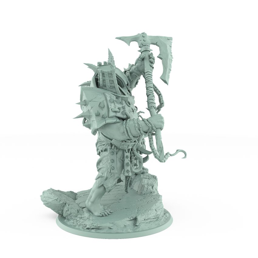grotesque vampire brute miniature wielding glaive and hook standing on broken rocky base covered in chains bones and spikes