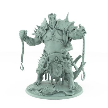 hulking vampire brute miniature holding whip with sheathed weapons chains and skulls hanging from armor standing on cracked stone base