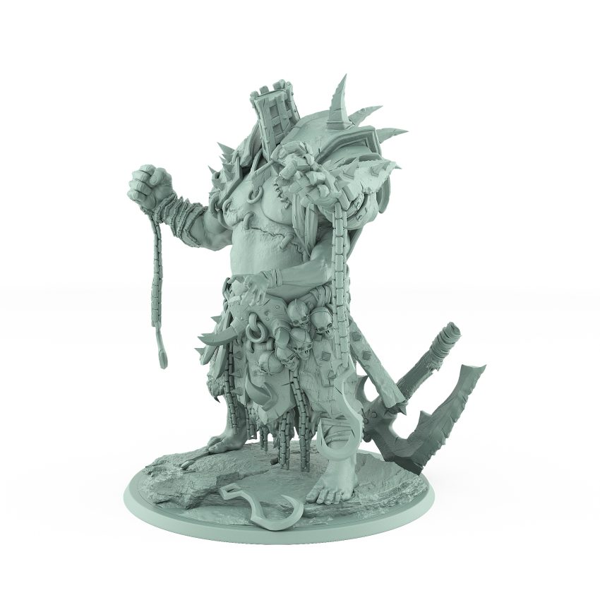 hulking vampire brute miniature holding whip with sheathed weapons chains and skulls hanging from armor standing on cracked stone base