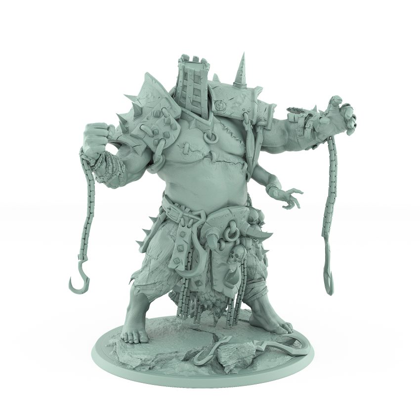 hulking vampire brute miniature holding whip with sheathed weapons chains and skulls hanging from armor standing on cracked stone base