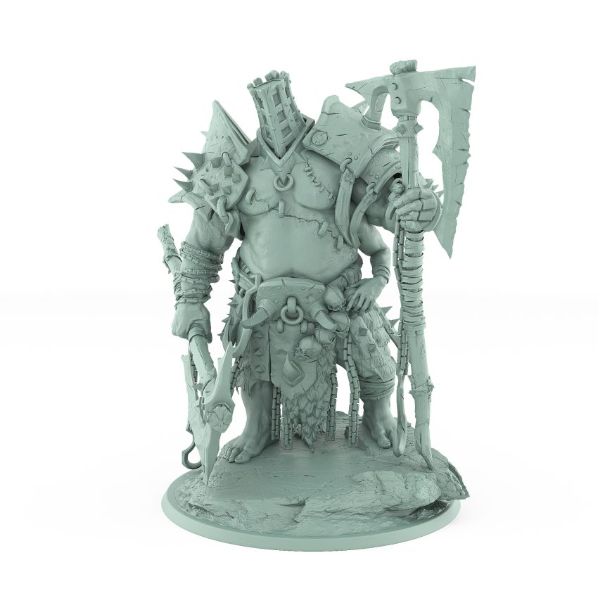hulking vampire brute miniature standing with glaive resting and chains hooks and armor detail in gothic undead style on rocky base