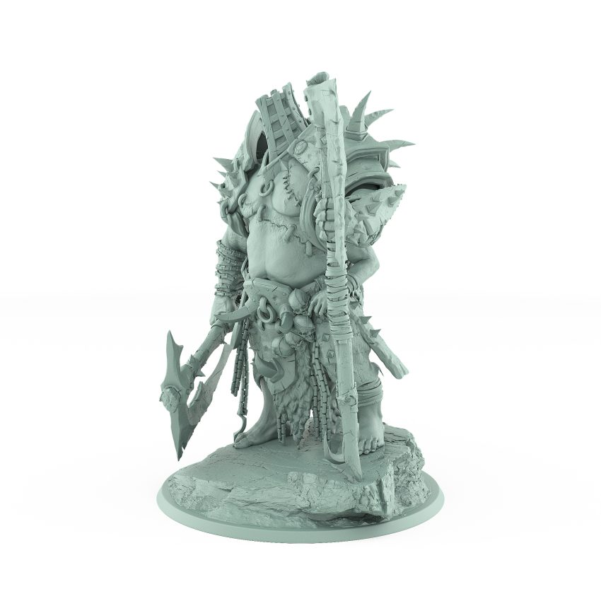 hulking vampire brute miniature standing with glaive resting and chains hooks and armor detail in gothic undead style on rocky base