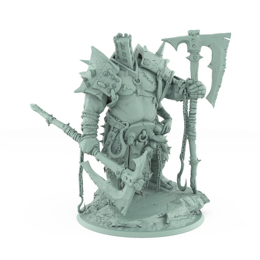 hulking vampire brute miniature standing with glaive resting and chains hooks and armor detail in gothic undead style on rocky base