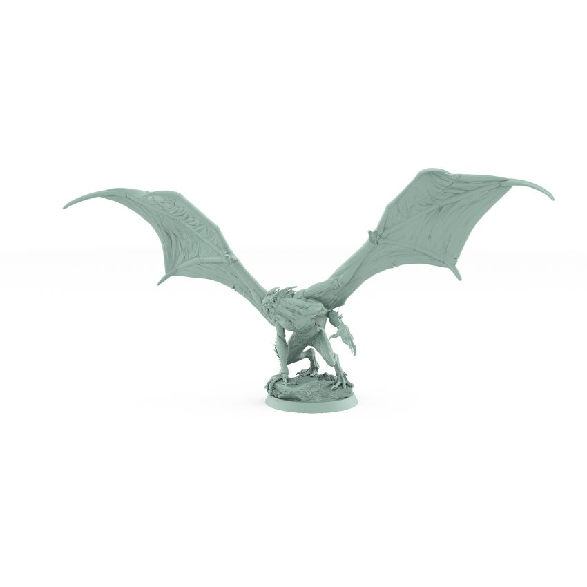 crouched vampire miniature with bat wings extended and claws ready to strike from gothic stone base
