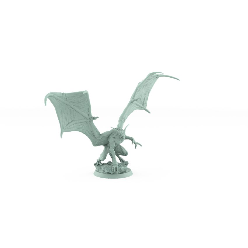crouched vampire miniature with bat wings extended and claws ready to strike from gothic stone base