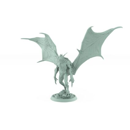standing vampire monster miniature with large outstretched bat wings poised on rocky gothic base in watchful stance