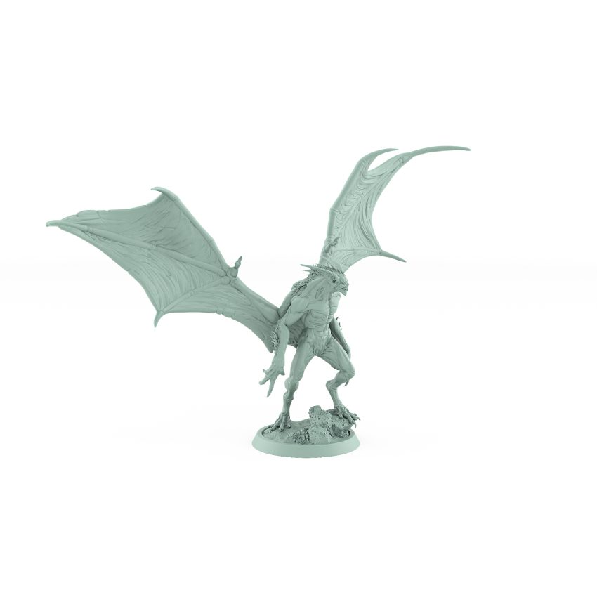 standing vampire monster miniature with large outstretched bat wings poised on rocky gothic base in watchful stance