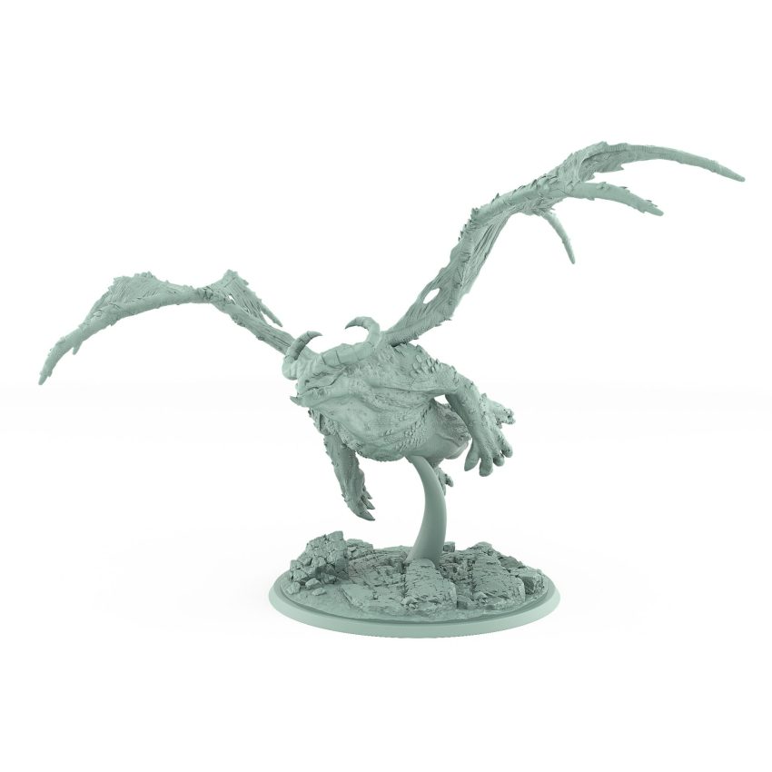 terrifying flying dragonspawn miniature with torn wings and corrupted scaled body on rocky base