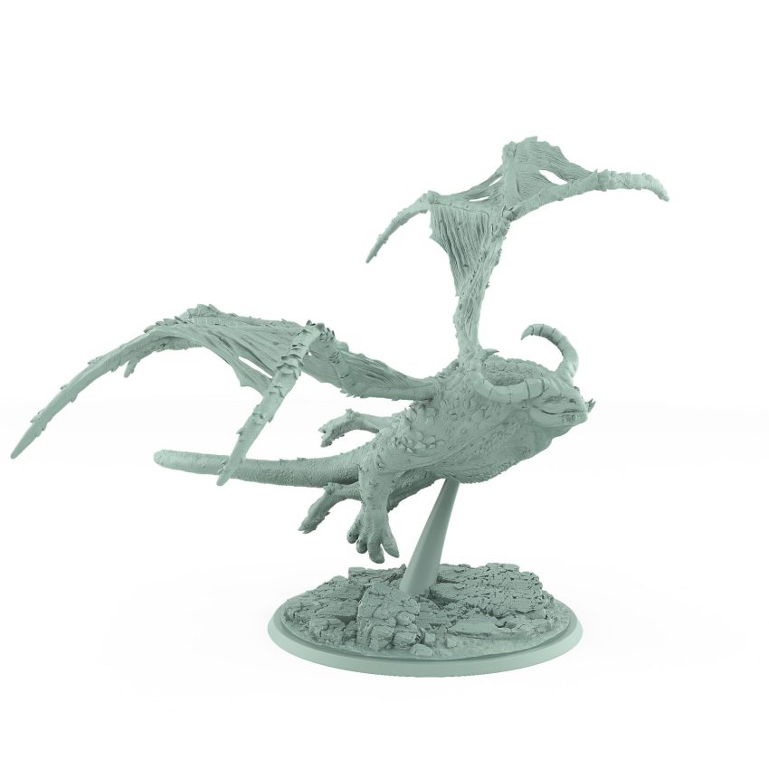 terrifying flying dragonspawn miniature with torn wings and corrupted scaled body on rocky base