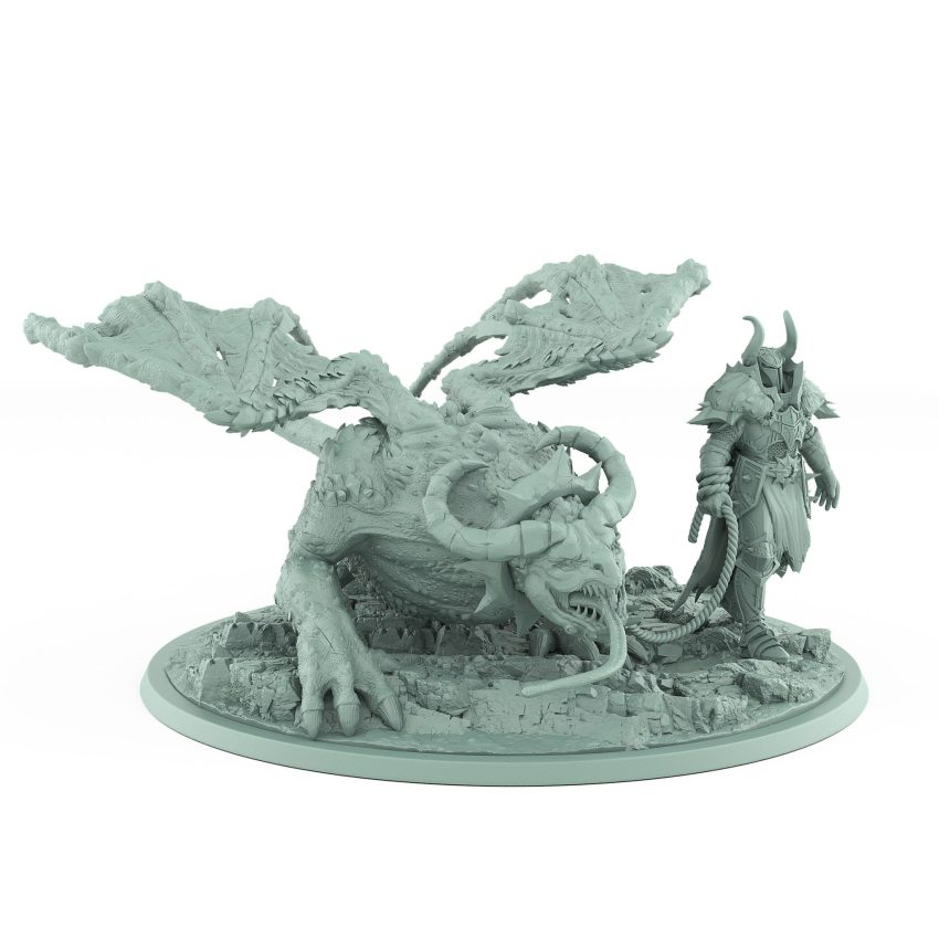 terrifying flying dragonspawn miniature with torn wings and corrupted scaled body on rocky base