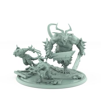 large horned rat ogre leading two armed ratfolk warriors plague of rouswarm fantasy miniature