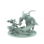 large horned rat ogre leading two armed ratfolk warriors plague of rouswarm fantasy miniature
