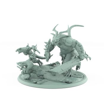 large horned rat ogre leading two armed ratfolk warriors plague of rouswarm fantasy miniature