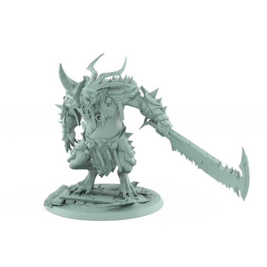 large horned rat mutant with jagged cleaver and spiked armor plague of rouswarm fantasy miniature