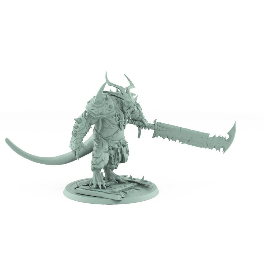 large horned rat mutant with jagged cleaver and spiked armor plague of rouswarm fantasy miniature