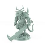 armored horned rat warlord with giant cleaver standing on rubble plague of rouswarm fantasy miniature