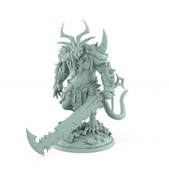 armored horned rat warlord with giant cleaver standing on rubble plague of rouswarm fantasy miniature