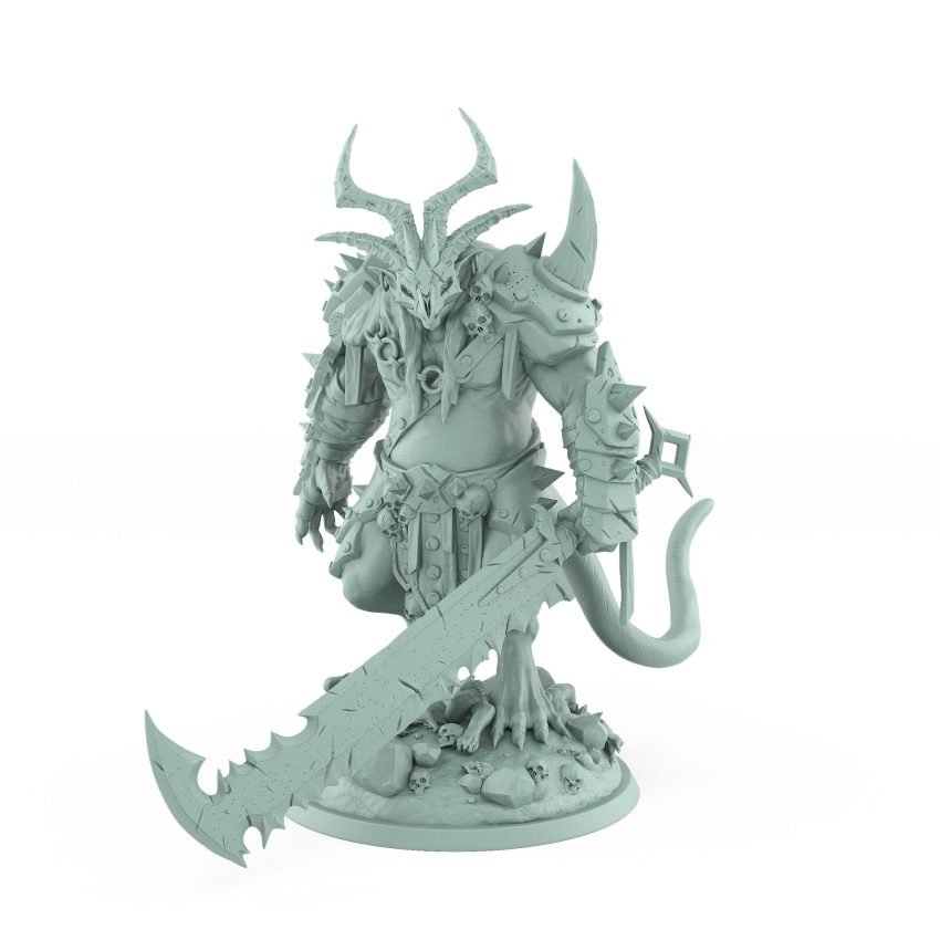 armored horned rat warlord with giant cleaver standing on rubble plague of rouswarm fantasy miniature