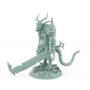 armored horned rat warlord with giant cleaver standing on rubble plague of rouswarm fantasy miniature