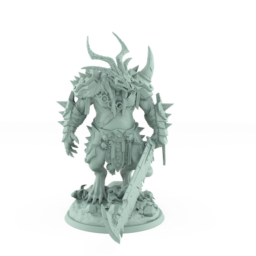 armored horned rat warlord with giant cleaver standing on rubble plague of rouswarm fantasy miniature