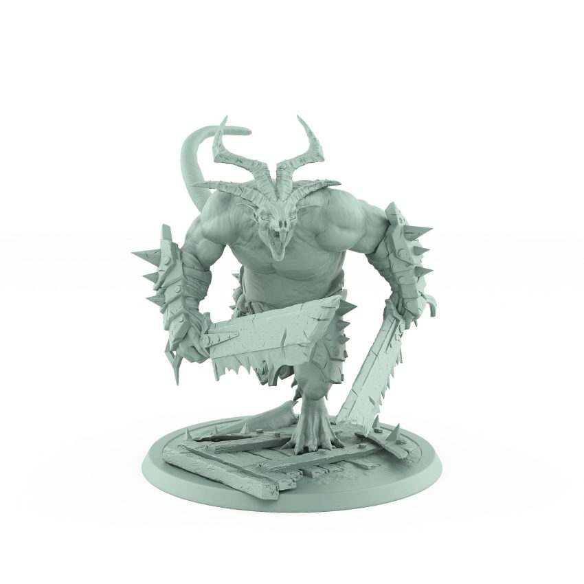 horned rat ogre charging forward with cleaver plague of rouswarm fantasy miniature