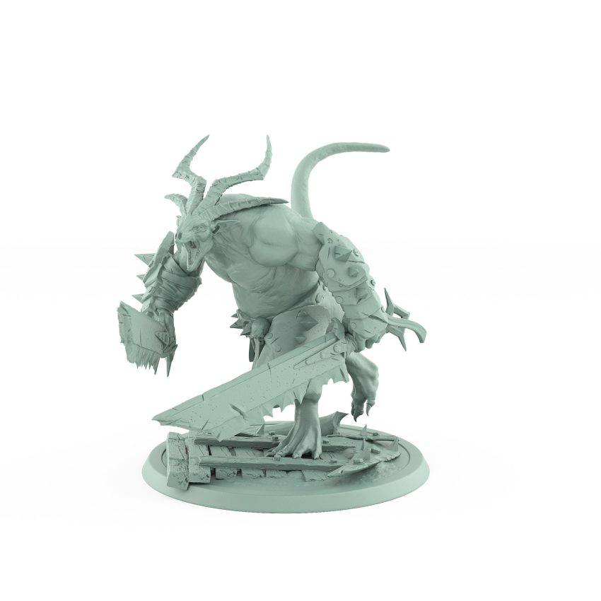 horned rat ogre charging forward with cleaver plague of rouswarm fantasy miniature