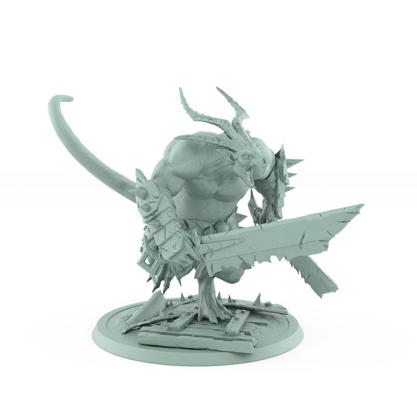 horned rat ogre charging forward with cleaver plague of rouswarm fantasy miniature