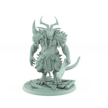 standing horned rat ogre holding massive cleaver on broken boards plague of rouswarm fantasy miniature