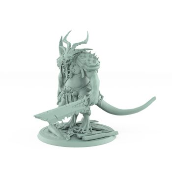 standing horned rat ogre holding massive cleaver on broken boards plague of rouswarm fantasy miniature