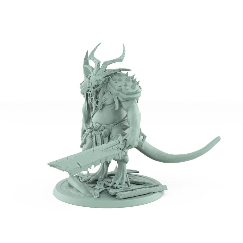 standing horned rat ogre holding massive cleaver on broken boards plague of rouswarm fantasy miniature