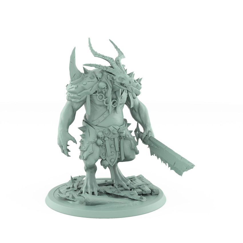 standing horned rat ogre holding massive cleaver on broken boards plague of rouswarm fantasy miniature
