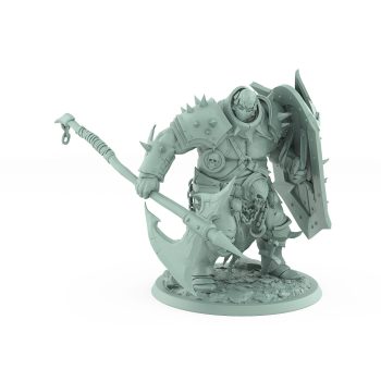 heavily armored human warrior standing with jagged shield and halberd from unchained collection