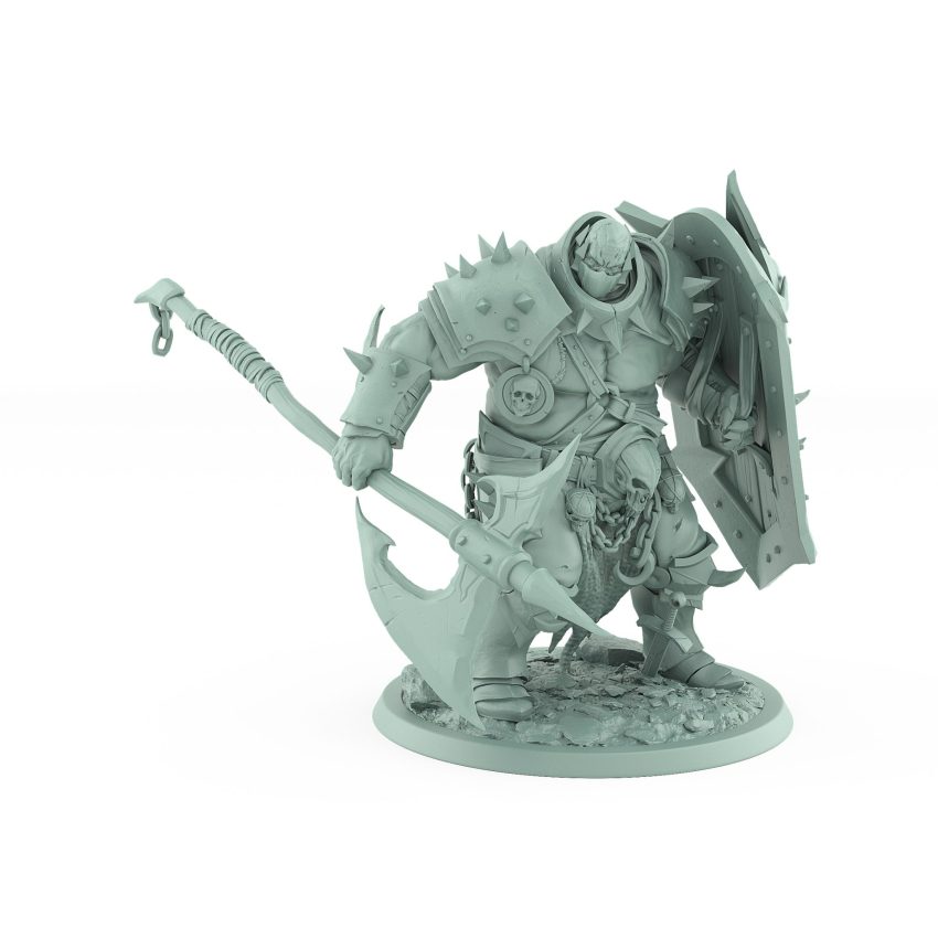 heavily armored human warrior standing with jagged shield and halberd from unchained collection