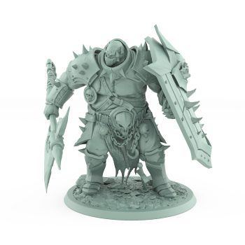 heavily armored human warrior standing with jagged shield and halberd from unchained collection