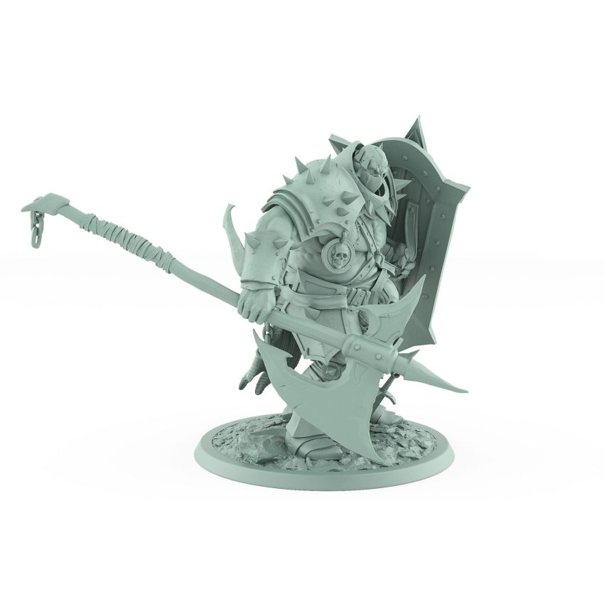 heavily armored human warrior standing with jagged shield and halberd from unchained collection