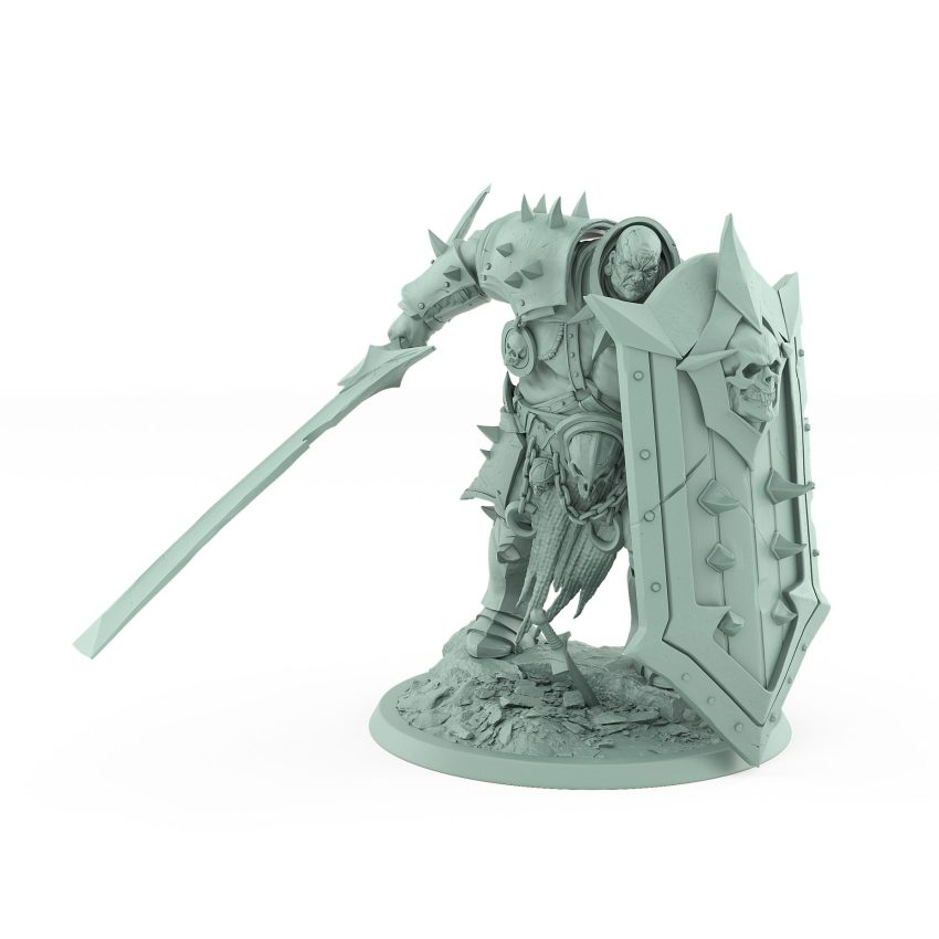 shield-bearing human warrior hidden behind spiked armor with skull emblem from unchained collection