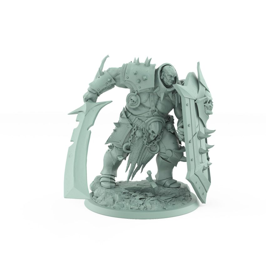 shield-bearing human warrior hidden behind spiked armor with skull emblem from unchained collection